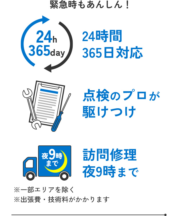 緊急時もあんしん！24時間365日対応点検のプロが駆けつけ訪問修理夜9時まで