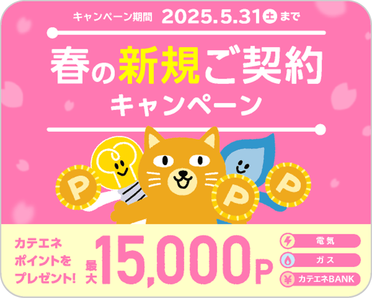 キャンペーン期間 2025.05.31土まで 春の新規ご契約キャンペーン カテエネポイントをプレゼント！最大15,000p