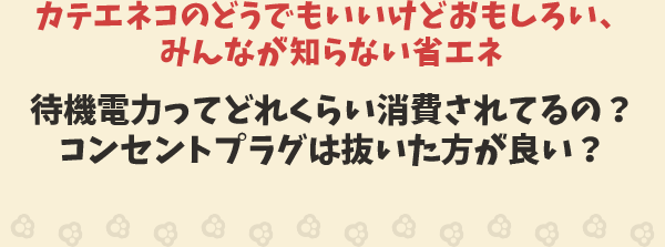 カテエネコのどうでもいいけどおもしろい、みんなが知らない豆ちしき　待機電力ってどれくらい消費されてるの？コンセントプラグは抜いた方が良い？