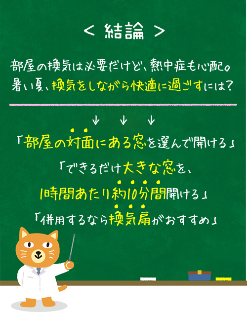 <結論>部屋の換気は必要だけど、熱中症も心配。暑い夏、換気をしながら快適に過ごすには？「部屋の対面にある窓を選んで開ける」「できるだけ大きな窓を、1時間あたり約10分間開ける」「併用するなら換気扇がおすすめ」