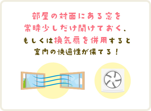 部屋の対面にある窓を常時少しだけ開けておく、もしくは換気扇を併用すると室内の快適性