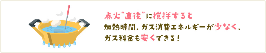 点火“直後”に撹　すると加熱時間、ガス消費エネルギーが少なく、ガス料金も安くできる！