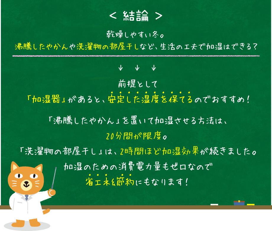 ＜結論＞乾燥しやすい冬。沸騰したやかんや洗濯物の部屋干しなど、生活の工夫で加湿はできる？→前提として「加湿器」があると、安定した湿度を保てるのでおすすめ！「沸騰したやかん」を置いて加湿させる方法は、20分間が限度。「洗濯物の部屋干し」は、2時間ほど加湿効果が続きました。加湿のための消費電力量もゼロなので省エネ&節約にもなります！