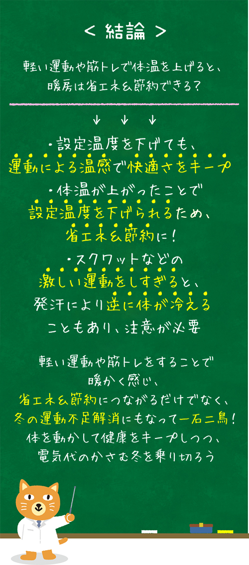 ＜結論＞軽い運動や筋トレで体温を上げると、暖房は省エネ＆節約できる？・設定温度を下げても、運動による温感で快適さをキープ・体温が下がったことで背えっ低温度を下げられるため、省エネ＆節約に！・スクワットなどの激しい運動をしすぎると、発汗により逆に体が冷えることもあり、注意が必要軽い運動や筋トレをすることで暖かく感じ、省エネ＆節約につながるだけでなく、冬の運動不足解消にもなって一石二鳥！体を動かして健康をキープしつつ、電気代の嵩む冬を乗り切ろう