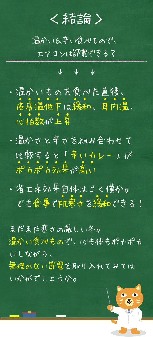 ＜結論＞温かい＆辛い食べもので、エアコンは節電できる？・温かいものを食べた直後、皮膚温低下は緩和、耳内温、　心拍数が上昇・温かさと辛さを組み合わせて比較すると「辛いカレー」が　ポカポカ効果が高い・省エネ効果自体はごく僅か。でも食事で肌寒さを緩和できる！まだまだ寒さの厳しい冬。温かい食べもので、心も体もポカポカにしながら、無理のない節電を取り入れてみてはいかがでしょうか。