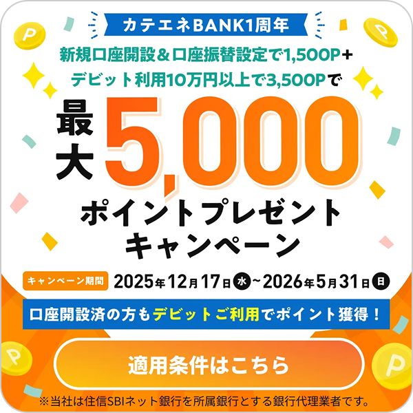 カテエネBANK1周年最大5,000ポイントプレゼントキャンペーン
