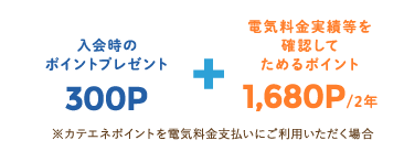 入会時のポイントプレゼント300P＋電気料金実績等を確認してためるポイント1,680P/2年 ※カテエネポイントを電気料金支払いにご利用いただく場合
