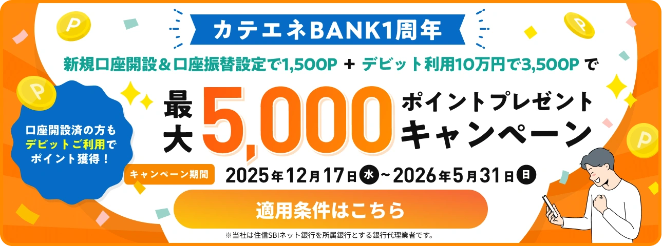 カテエネBANK1周年 ポイントプレゼントキャンペーン 適用条件はこちら