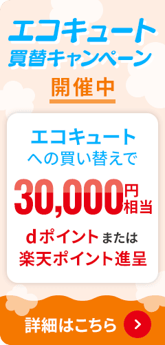 エコキュートへの買い替えでdポイントまたは楽天ポイント3万円相当進呈、キャンペーン詳細はこちら
