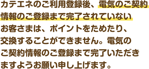 カテエネのご利用登録後、電気のご契約情報のご登録まで完了されていないお客さまは、ポイントをためたり、交換することができません。電気のご契約情報のご登録まで完了いただきますようお願い申し上げます。